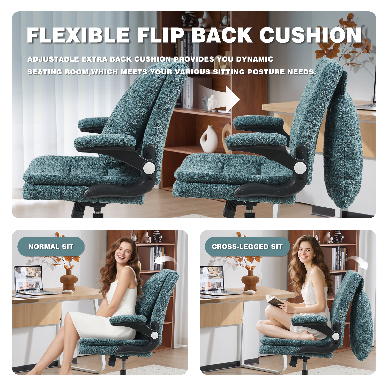 Wide Criss Cross Chair with Flip Up Back Cushion and Arms, Ergonomic Cross Legged Office Chair with Dynamic Lumbar Support, Upholstered Swivel Rolling Vanity Chair for Customized Comfort