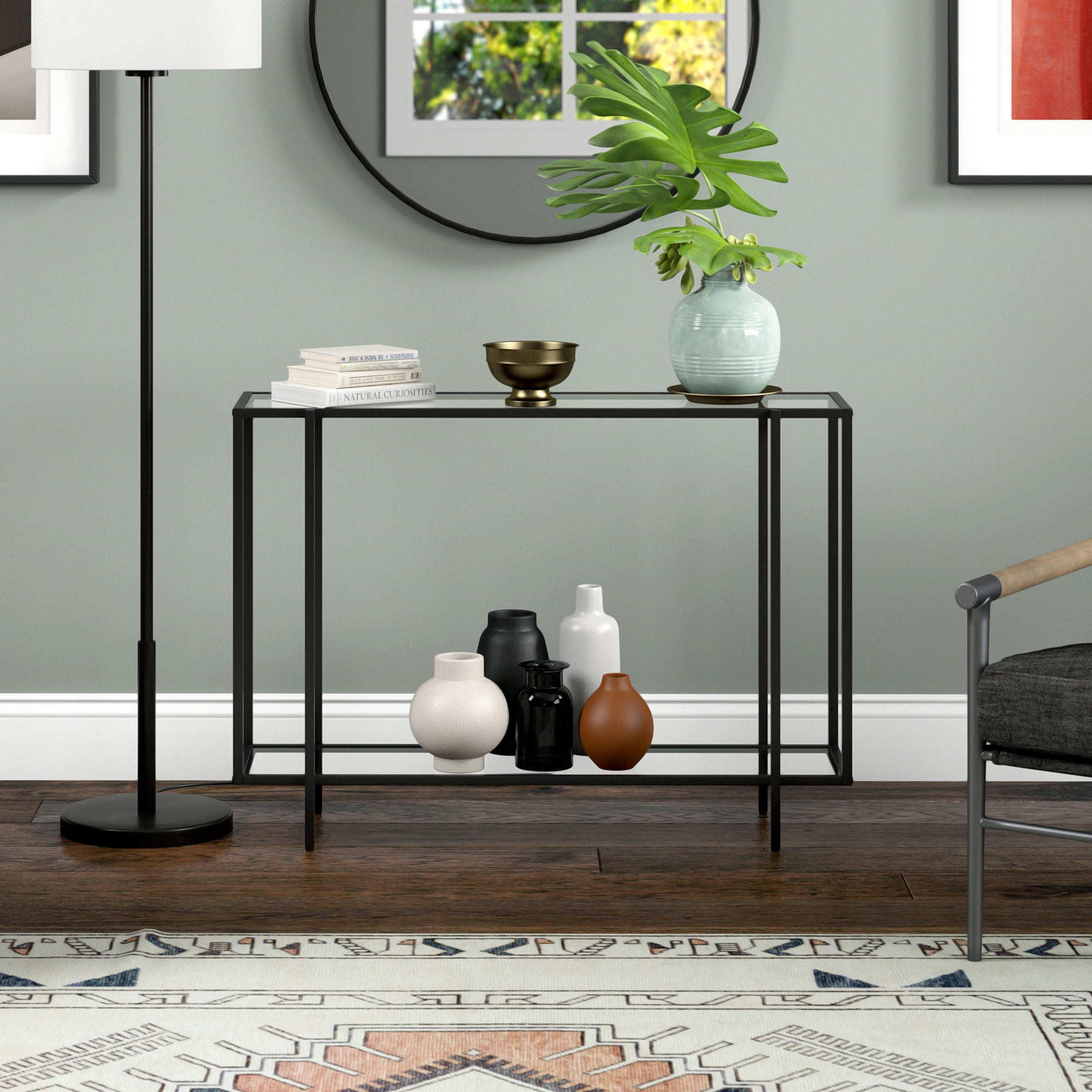 Evelyn&Zoe Vireo 42" Wide Rectangular Console Table with Glass Shelf, Blackened Bronze