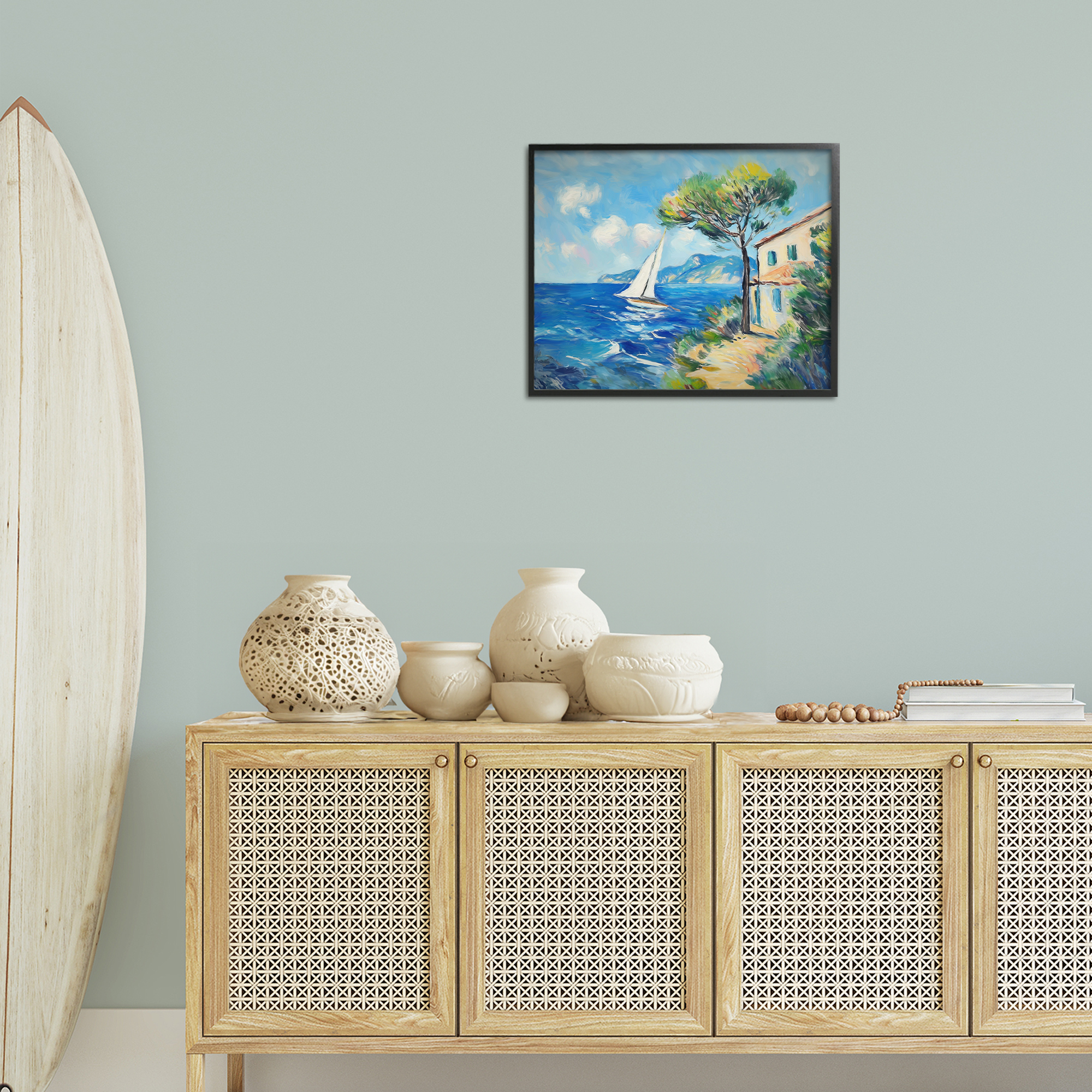 Stupell Industries Sailboat & Beach Villa Coastal Painting Black Framed Art Print Wall Art, 20 x 16
