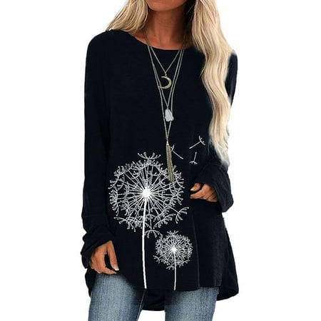 Women's Plus Size top Plus Dandelion Print Longline Blouse (Color : Navy  Blue, Size : XX-Large) : : Clothing, Shoes & Accessories