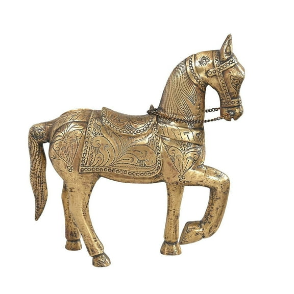 Vintage Solid Wood Carved 16" Tall Horse Statue Cladded With Embossed Brass Foil | Indian Traditional Horse Sculpture | Antique Gold Horse