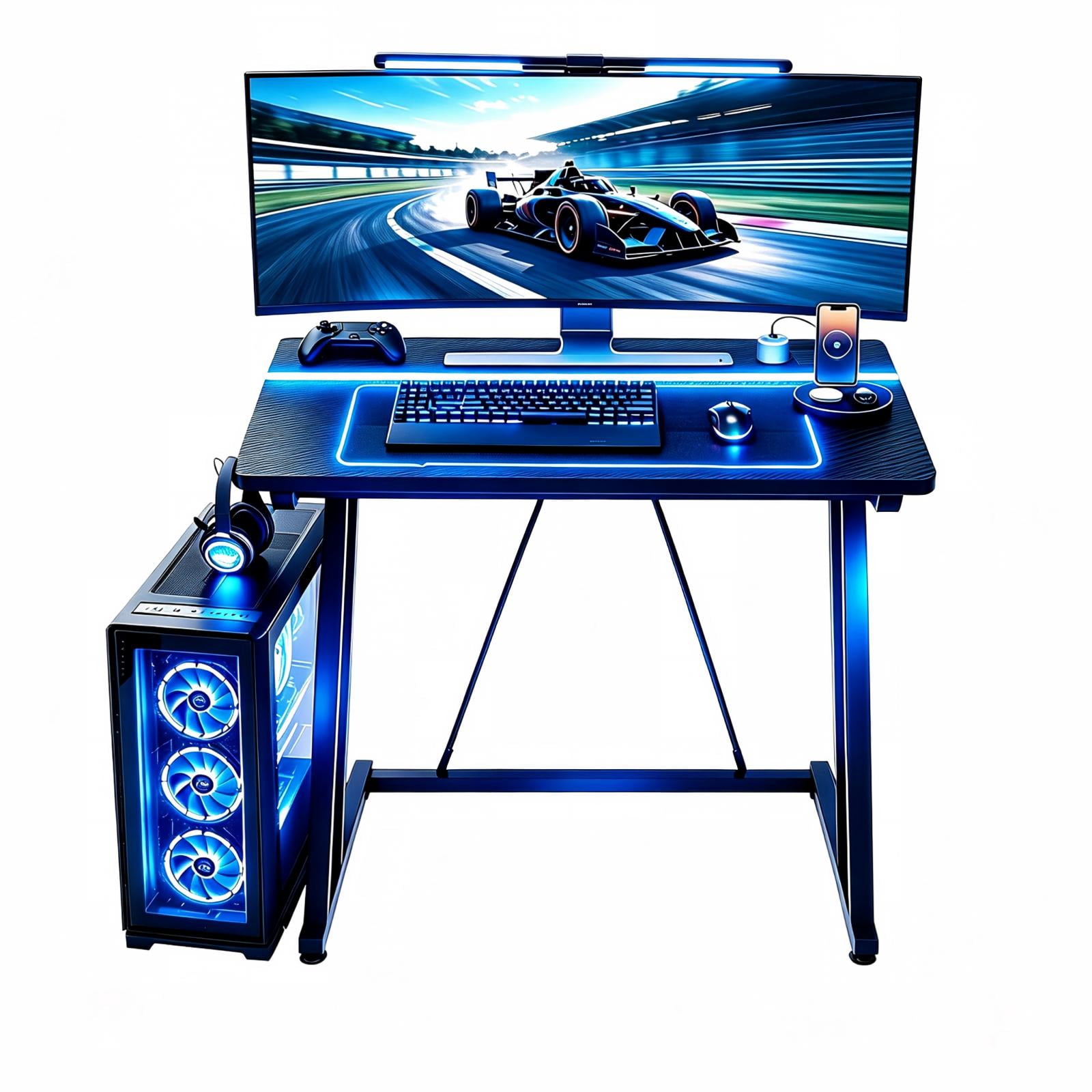 31.5" Z-Shaped Gaming Desk with Carbon Fiber Texture and Recessed LED Light, Black