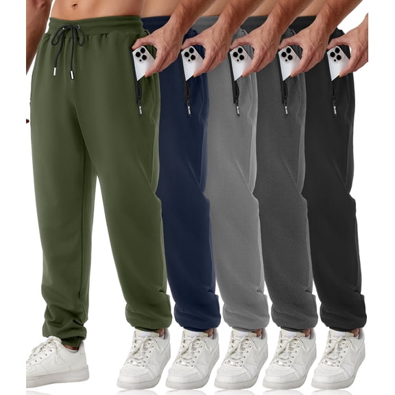 Potopok Mens Sweatpants with Zipper Pockets 5 Pack Athletic Joggers for Men Warm Slim Fit Track Workout Running Sweat Pants