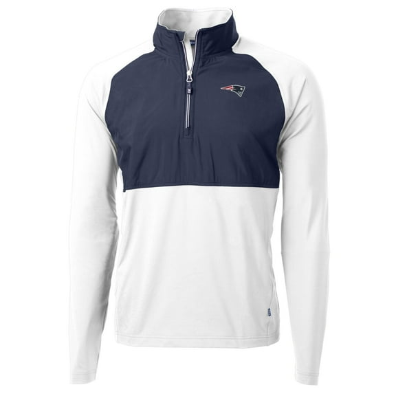 Men's Cutter & Buck Navy/White New England Patriots Adapt Eco Knit Hybrid Recycled Quarter-Zip Raglan Jacket