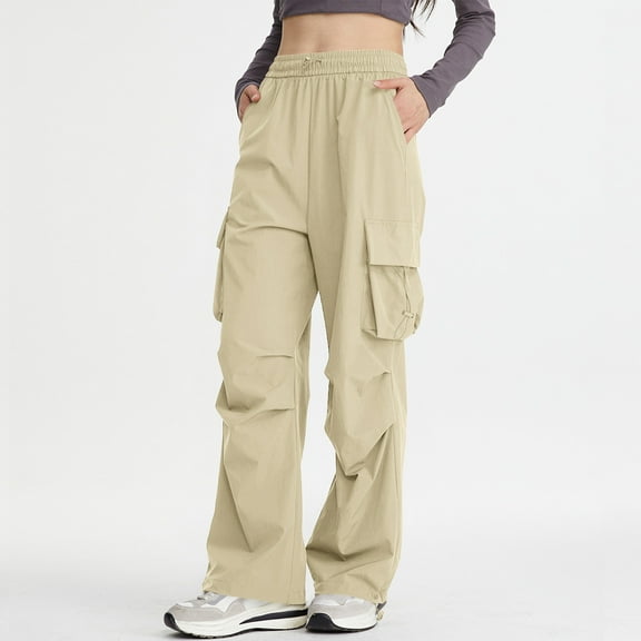 Gamivast Hiking Cargo Pants for Women Lightweight Straight Leg Workout Pants with Multiple Pockets Relaxed Loose Elastic Waist Sweatpants Outdoor Drawstring Pleated Pant