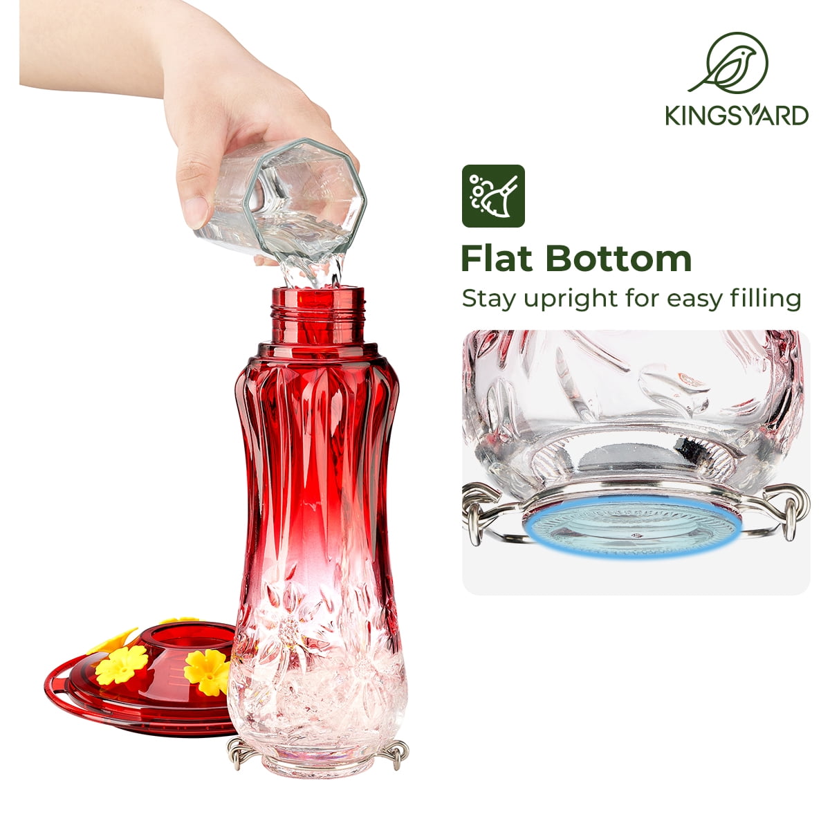 Kingsyard Hummingbird Feeder for Outdoors Hanging, 25 Ounces Leak Proof, Glass Humming Bird Nectar Feeder with Ant Moat & 6 Bee Guard Feeding Ports, Red Gradient