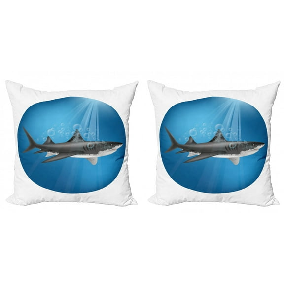 Ambesonne Blue Throw Pillow Cover 2 Pack, Shark Underwater Hunter, 16", Blue Grey