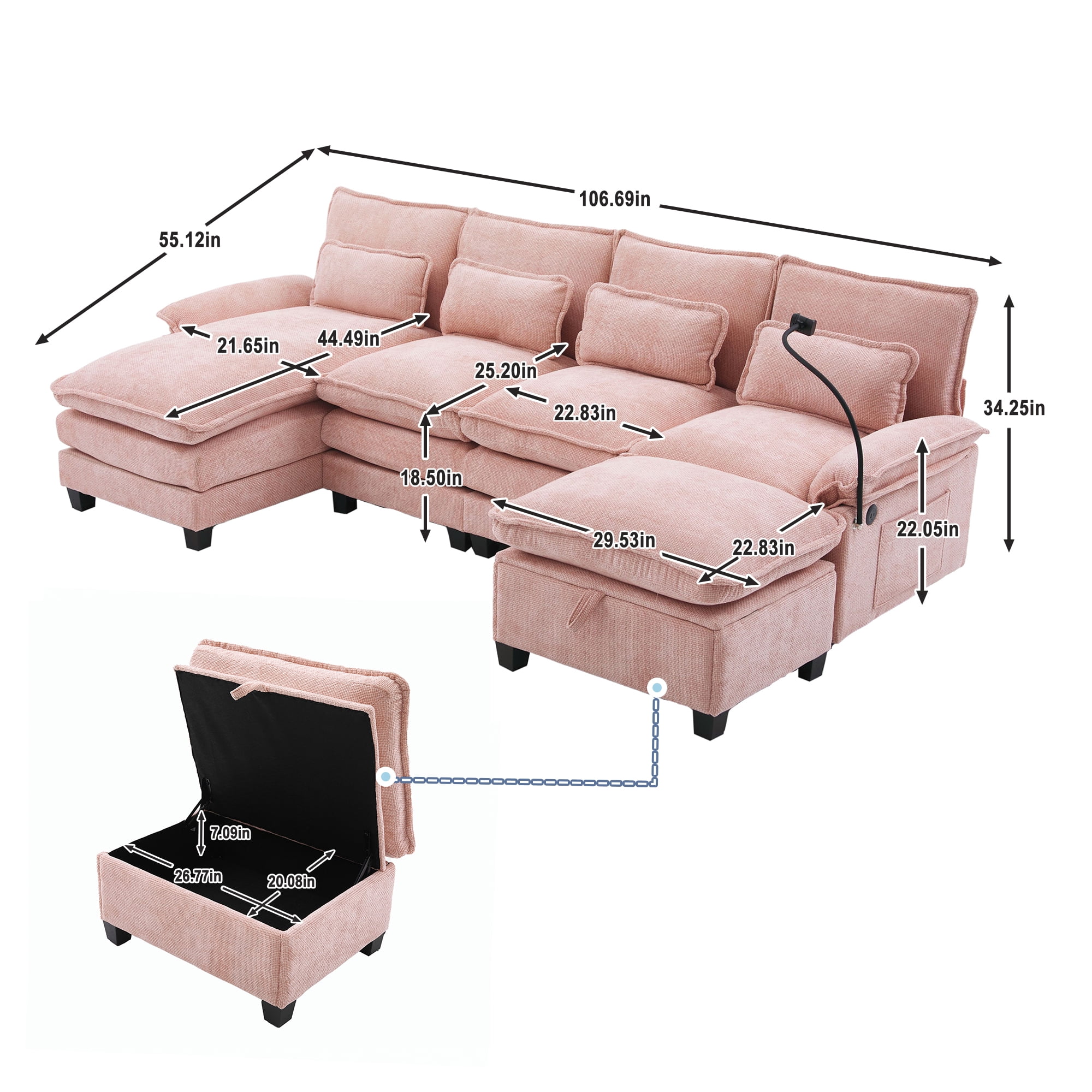 MOONMISS Chenille Upholstered Oversized U-shaped Comfy Modular Sectional Sofa with Storage Ottoman-Pink