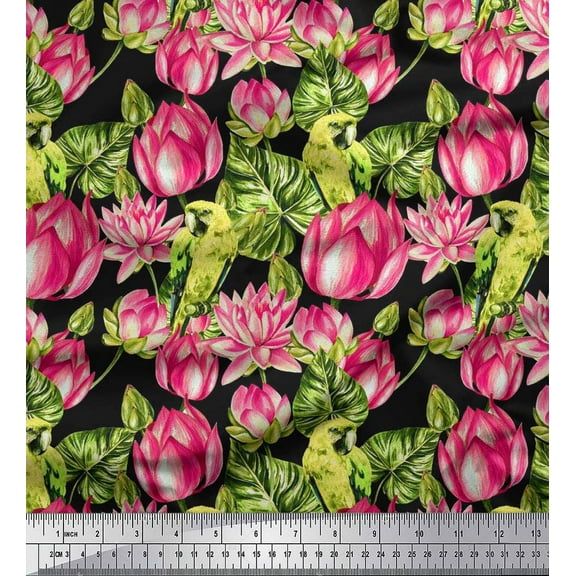 Soimoi Cotton Duck Fabric Parrot,Leaves & Lotus Floral Print Fabric by Yard 42 Inch Wide