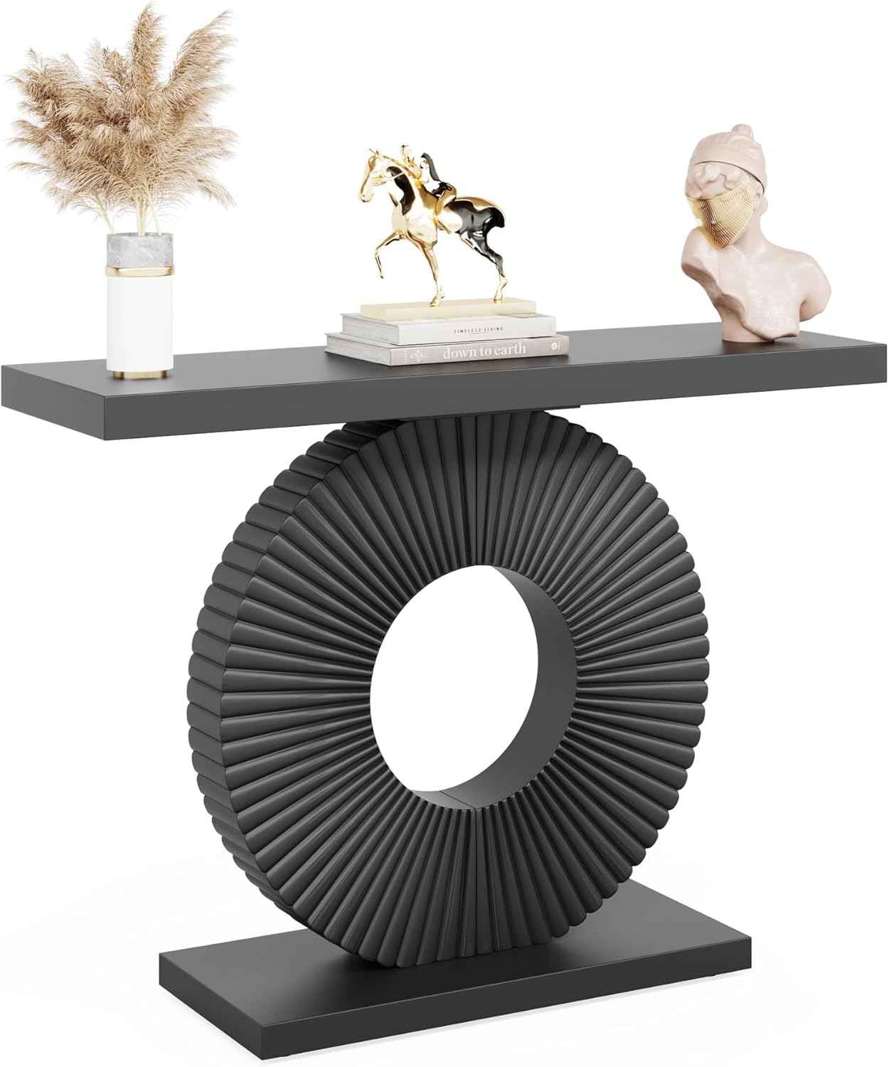 40-Inch Modern Console Table With Black Circular Flower Geometric Base, Wood Narrow Sofa Table, 180LBS Capacity Contemporary Accent Entryway Table For Living Room, Hallway, Behind Couch