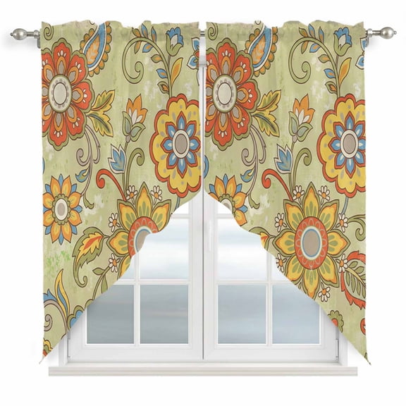 Gray Green Boho Floral Swag Valances for Windows, Kitchen Window Curtains Over Sink, Vintage Abstract Art Ethnic Flowers Window Treatment Curtains for Living Room/Bedroom 2 Panel Sets 36"x45"