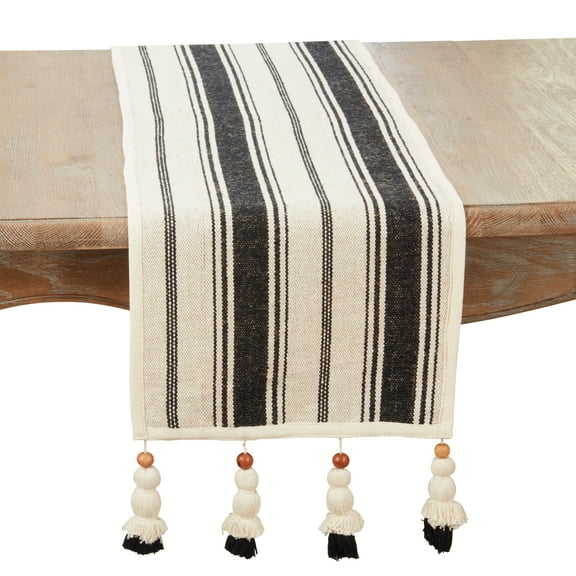Saro Lifestyle Wood Bead Tassel Trimmed Stripe Table Runner