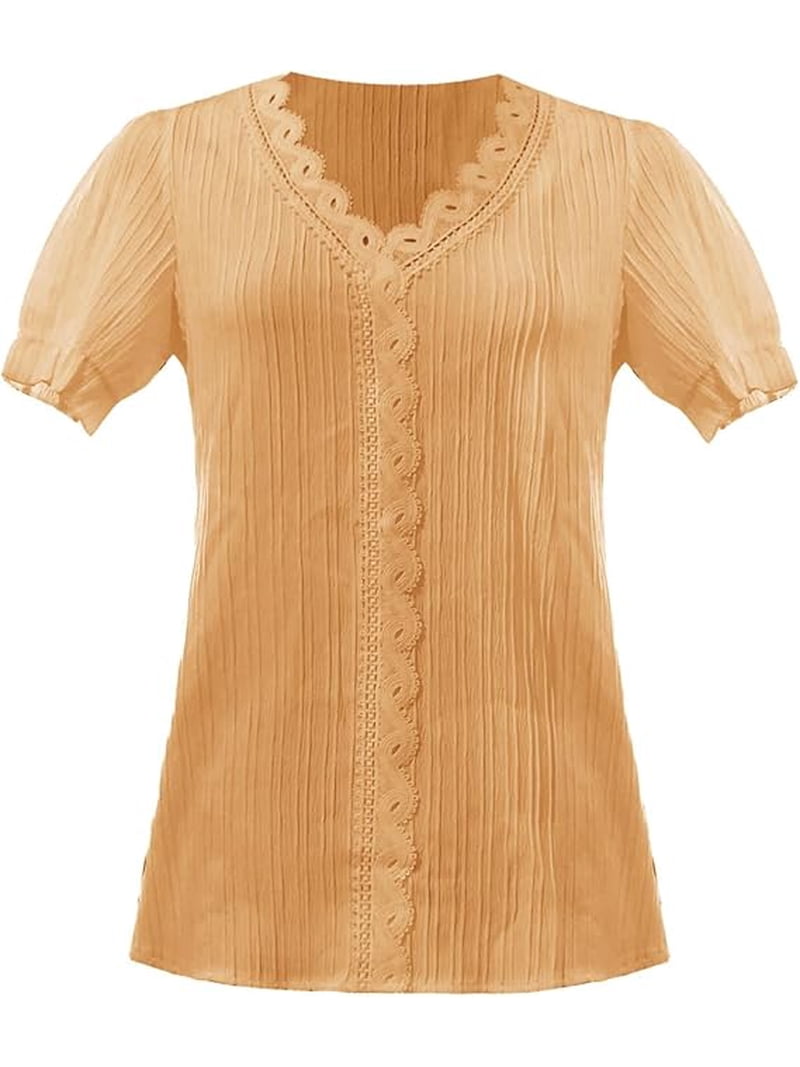 ladies dress blouses Xuboway blouses for women dressy casual sexy Summer spring Elegant lace tops  V Neck Short Sleeve Solid Shirt Blouse ladies tops and blouses professional  clothes