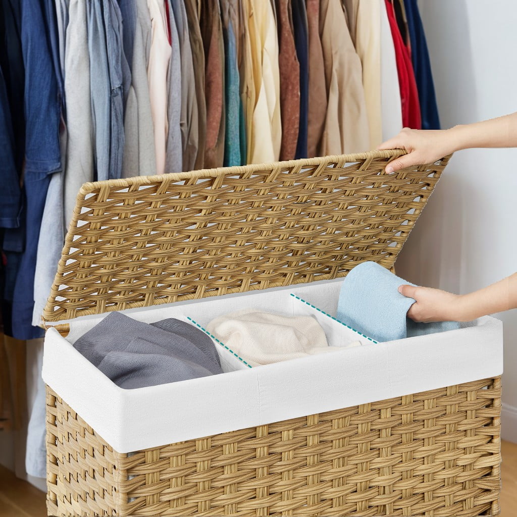 140L (37 Gallon) Rolling Laundry Hamper with Lid, 3-Section Synthetic Rattan Laundry Basket Storage with Removable Liner, 26x13x26 Inches