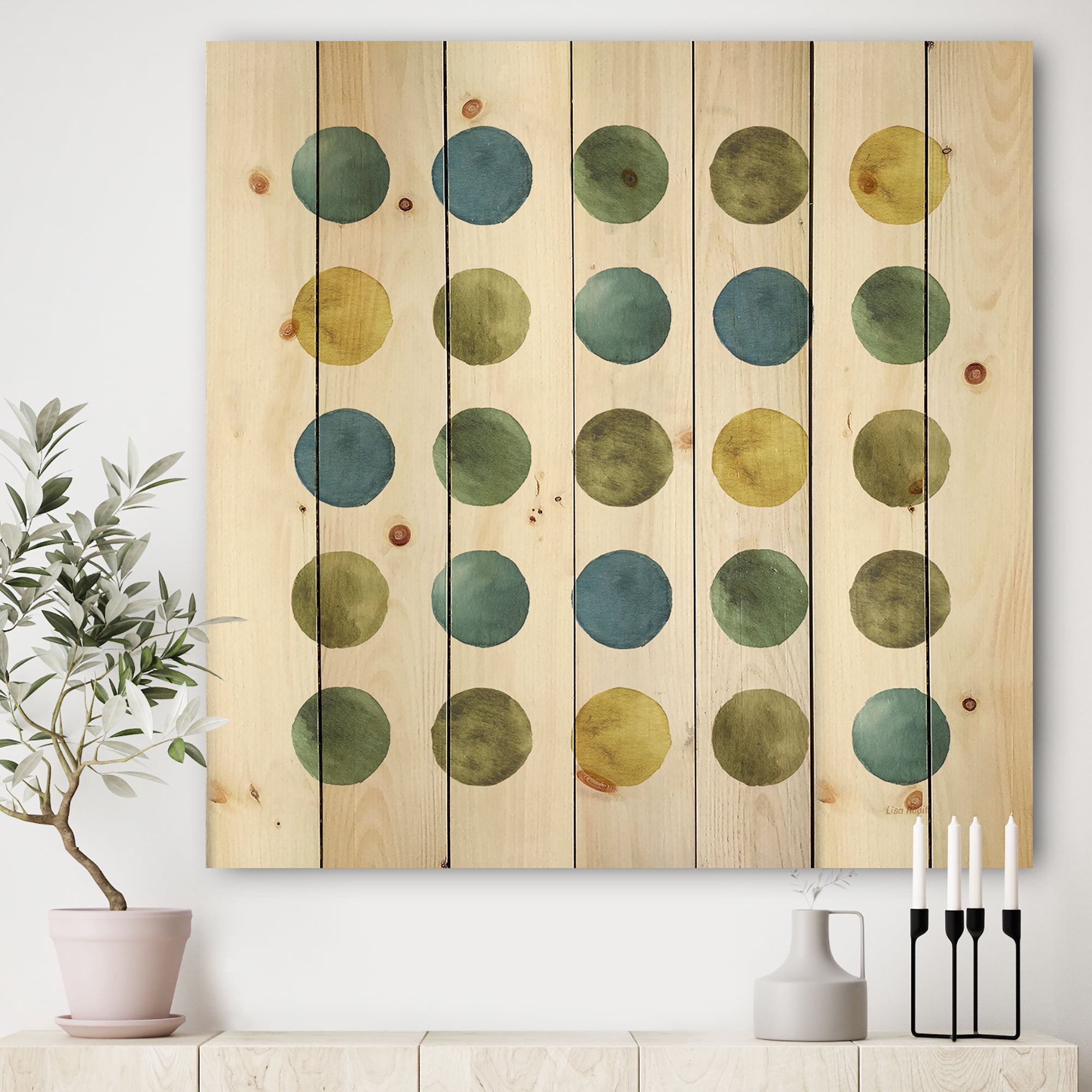 Designart 'Green Tones Geometric Circles' Mid-Century Modern Print on Natural Pine Wood
