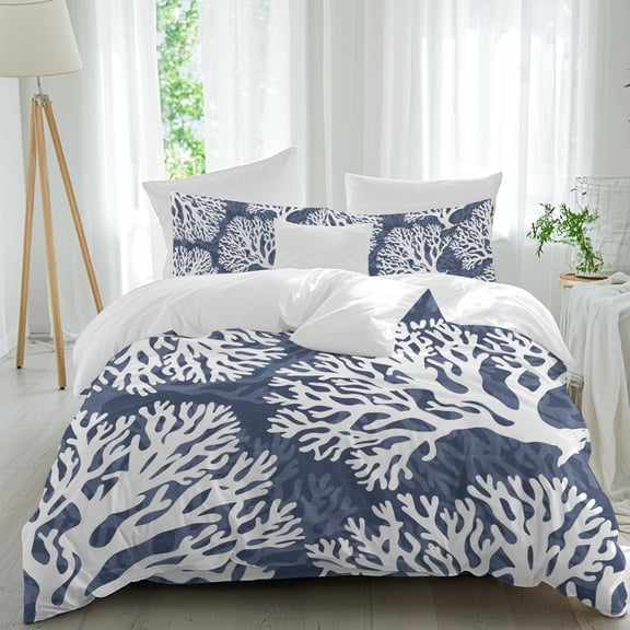 Navy Blue Coral Comforter Set Full Size, Coastal Ocean Beach Summer Nautical Modern Soft Bedding Set for Man Woman, 4 Pieces Duvet Cover Set with Fitted Sheet, 2 Pillowcases