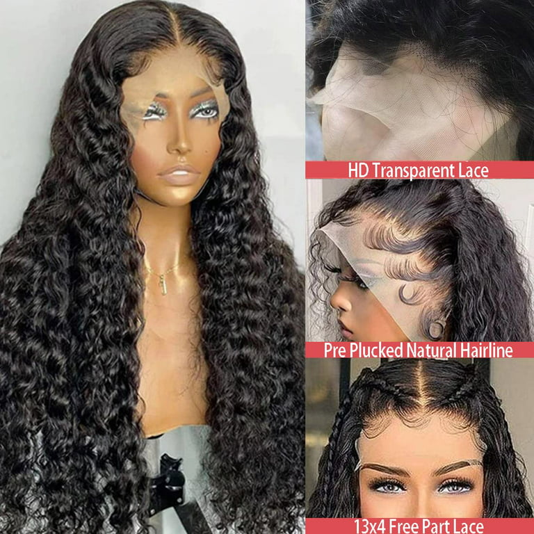 18 Inch Deep Wave Lace Front Wigs Human Hair 150% Density Glueless Lace  Frontal Wigs HD Transparent Curly Lace Front Wigs for Black Woman 13x4  Water wave Brazilian Virgin Human Hair Wigs