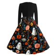 thumbnail image 4 of Women's Halloween Dress Spider Hepburn Long Sleeve Casual Dresses Bone 1950s V-Neck Fall Tea Length Dress with Belt M, 4 of 7