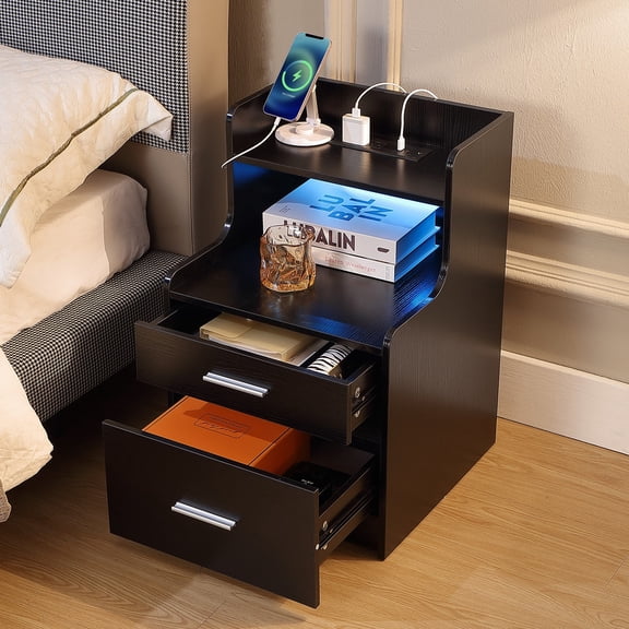 Ciumeeo 2 LED Nightstand with Charging Station and 2 Drawers, Night Stand Bedside Table for Bedroom, Black