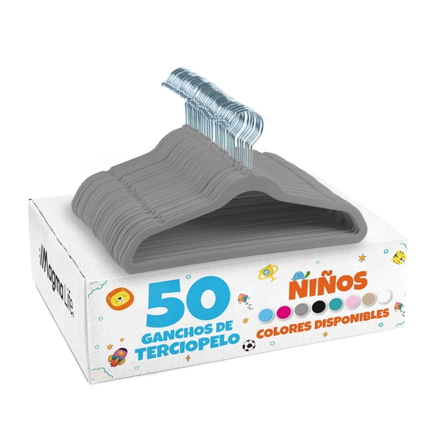 MAGMALIFE 50 Ganchos de Terciopelo para Ropa Infantil, Gancho Plateado Giratorio de 360 Grados, Adecuado para Todo Tipo de Ropa, Antideslizante, 35 cm de Largo (Gris)