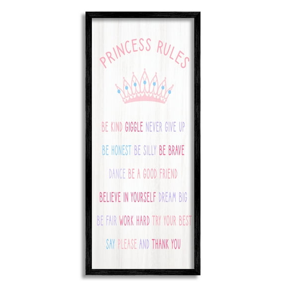 Stupell Industries Princess Rules Listed Kids Pretend Pink Crown Inspirational Painting Black Framed Art Print Wall Art, 10 x 24