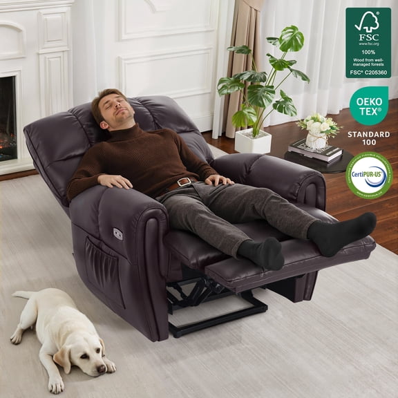 MCombo Large Dual Motor Power Recliner Chair for Tall Person, Infinite Position Sleep Recliner for Living Room, Faux Leather, Dark Brown