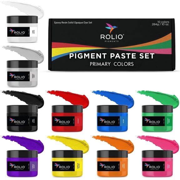 Rolio Resin Color Pigment, 10 Colors, Primary Set, 1 oz Pigment Paste Set for Epoxy Resin, Mica Powder - Concentrated Colorants for Art, DIY Crafts, Jewelry Making, Molds, and Coating Projects