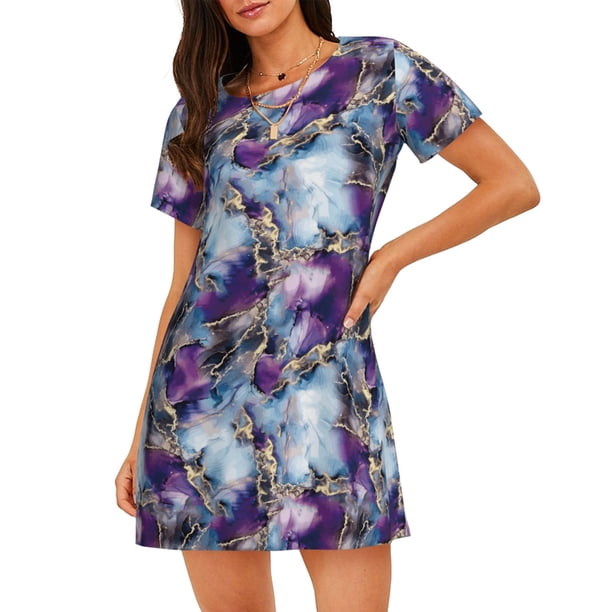 Easygdp Purple Marble Texture Camisón de manga corta para mujer, informal, estampado
