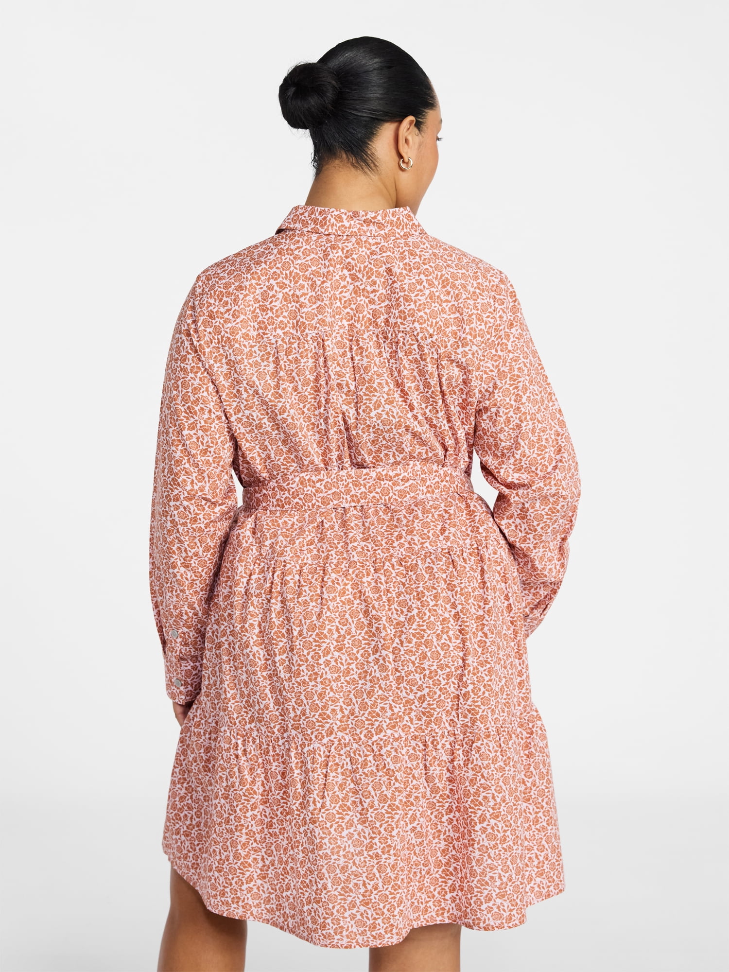 Terra & Sky Women's Plus Size Tiered Shirt Dress with Long Sleeves, Sizes 0X-5X