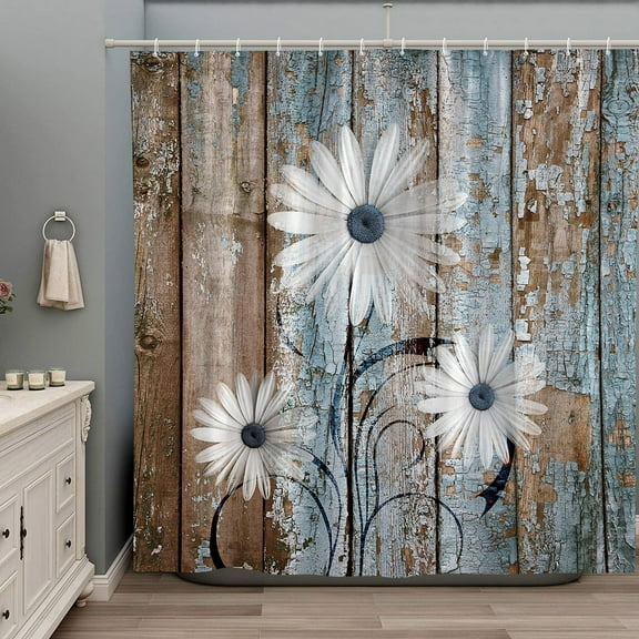 Rustic Daisy Shower Curtains,Blue Brown Floral Farmhouse Shower Curtains for Bathroom,Country Botanical Bathroom Shower Curtain Sets with Hooks Waterproof Fabric Decor-72"W x 72"L (Pack of 1)
