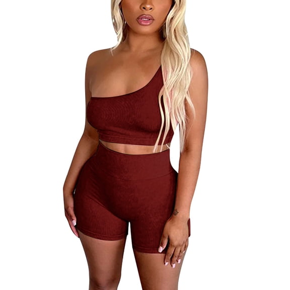 Luvrsol Two Piece Short Sets for Women Slanted Collar Tank and Short Sports Yoga Set, Size S-2XL