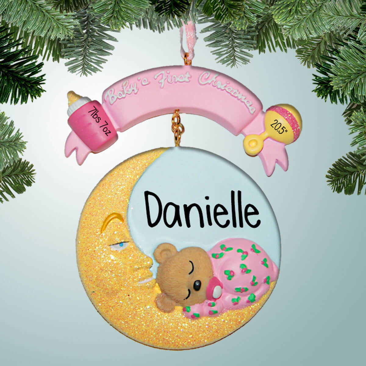 Baby Bear Sleeping on the Moon - Girl - Personalized Ornament - Baby's First Christmas - 1st Xmas - Perfect Stocking Stuffer - Great Gift Ideas