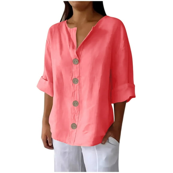Cilsoka Linen Shirts for Women Casual Summer Cotton Linen V Neck 3/4 Sleeve Button Tops Loose Beach Solid Blouses 2026 Vacation Clothes