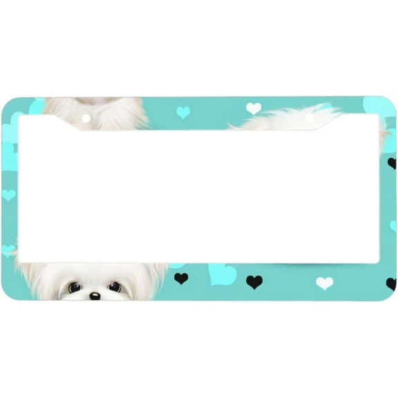 Maltese Dog Aqua Blue and Hearts License Plate Frames - License Plate Covers, 2 Packs Universal Aluminum Tag Frame for Front and Rear Car Tags