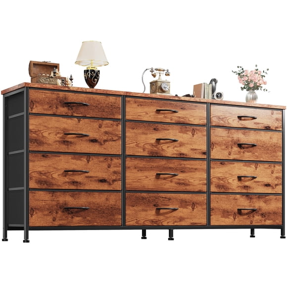 Exenoray 12 Drawer Dresser for Bedroom, Fabric Storage Organizer with Wood Top, TV Stand for up to 65" TV, Tiger Wood, 55.2" W