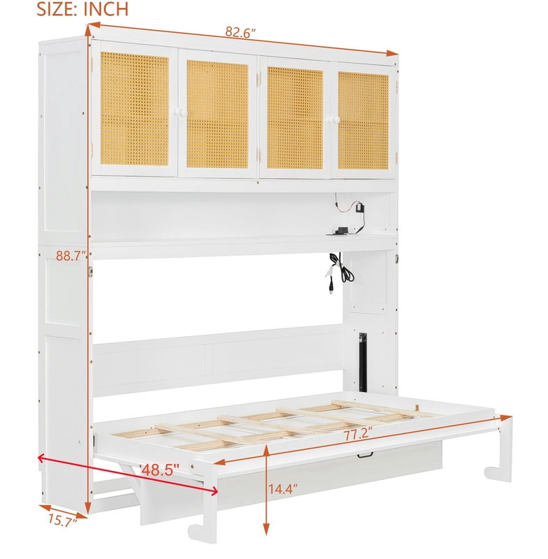 Twin Size Storage Murphy Bed with Cabinets w/ Rattan Door, Foldable Platform Bed Frame with Built-in Light & Charge Station