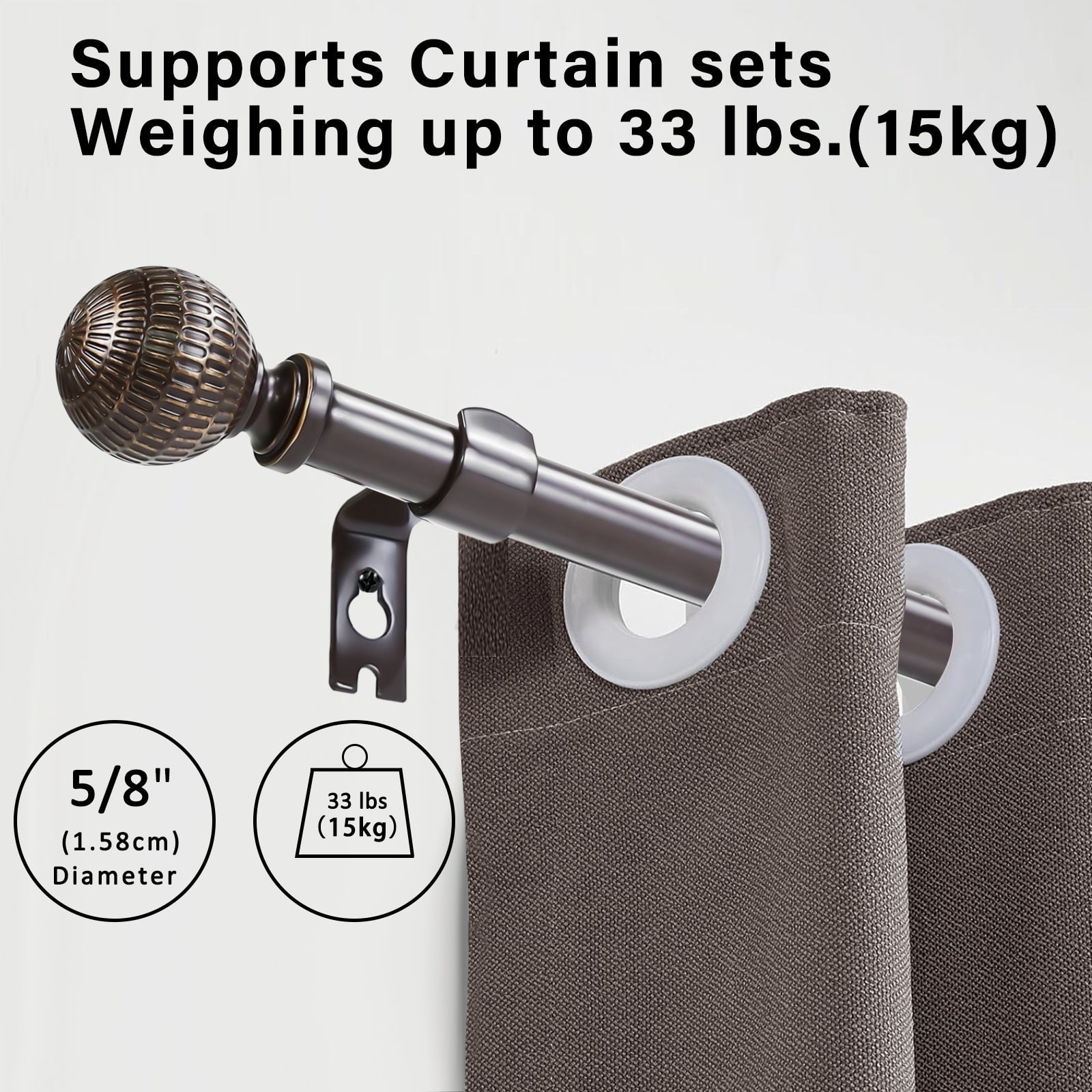 Ridicili 5/8" Single Telescoping Curtain Rod with Reticulated Ball Finials,Bronze Gold, 84"-120"