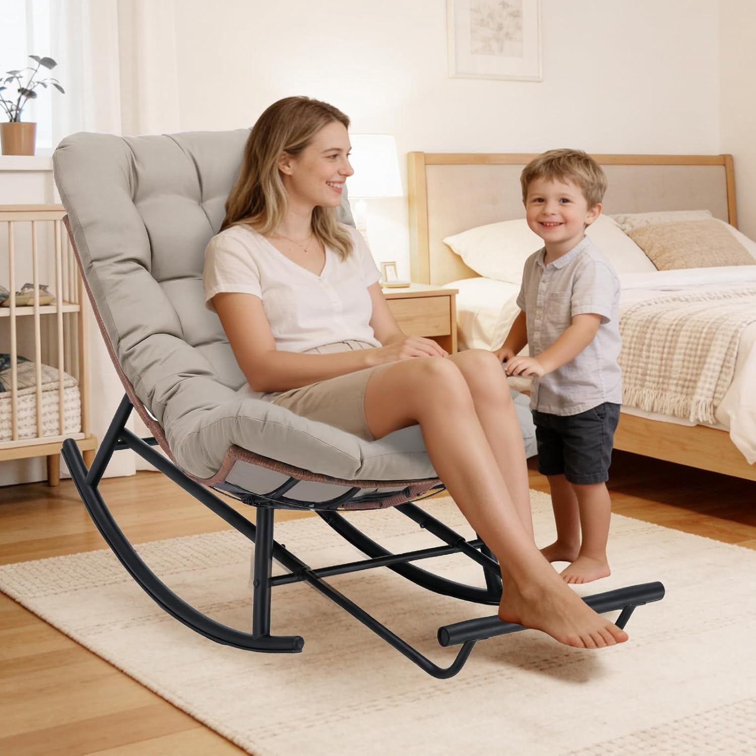 CLOUDREST PRO Outdoor Rocking Chair, Oversized Papasan Rocking Chair with Thick Cushion, Indoor Outdoor Cozy Rocker for Balcony, Living Room, Patio, Brown