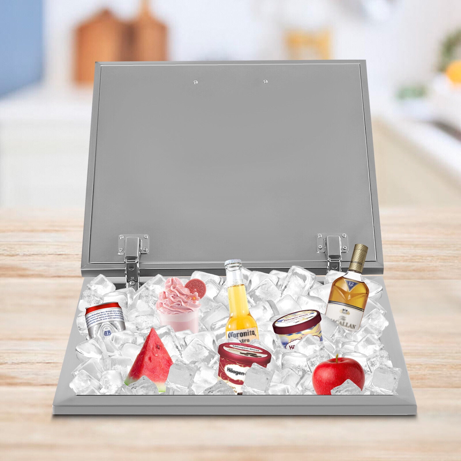 Miumaeov Outdoor/Indoor BBQ Island Stainless Steel Drop-in Ice Chest Cooler Ice Beer Bin with Hinged Cover Wine Cooler