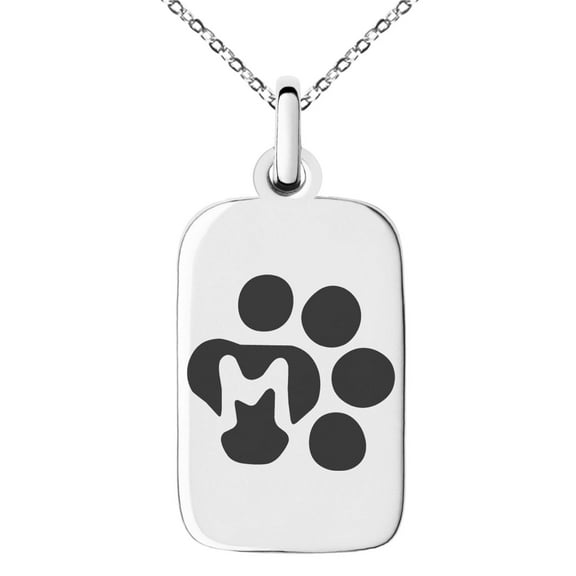 Tioneer Stainless Steel Letter M Initial Cat Dog Paws Monogram Engraved Small Rectangle Dog Tag Charm Pendant Necklace