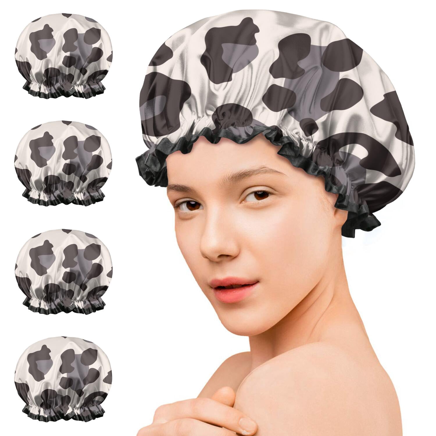 Shower Caps,Beige and Black Of Leopard Print Waterproof Shower Cap for Women 4 Pieces,Double Reusable Hair Cover for Shower PEVA Elastic Stretch Hem