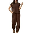 thumbnail image 1 of Ensemble 2 Pcs pour Femmes Tenues d'Été Ensemble Féminin Col Rond Manches Courtes Hauts Pantalons Ensembles Pantalons Style S_448 Survêtements pour Femmes Café m, 1 of 6