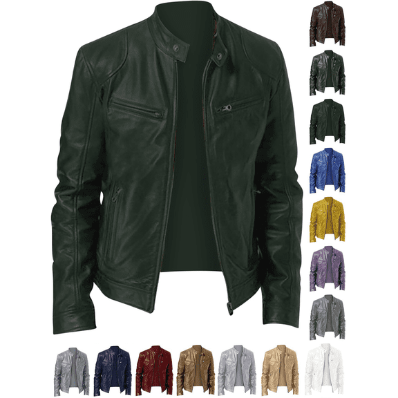 Vmberlty Leather Jackets for Men Fashionable Solid Color Long Sleeve Casual Outerwear Lapel Zipper Up Leather Jackets