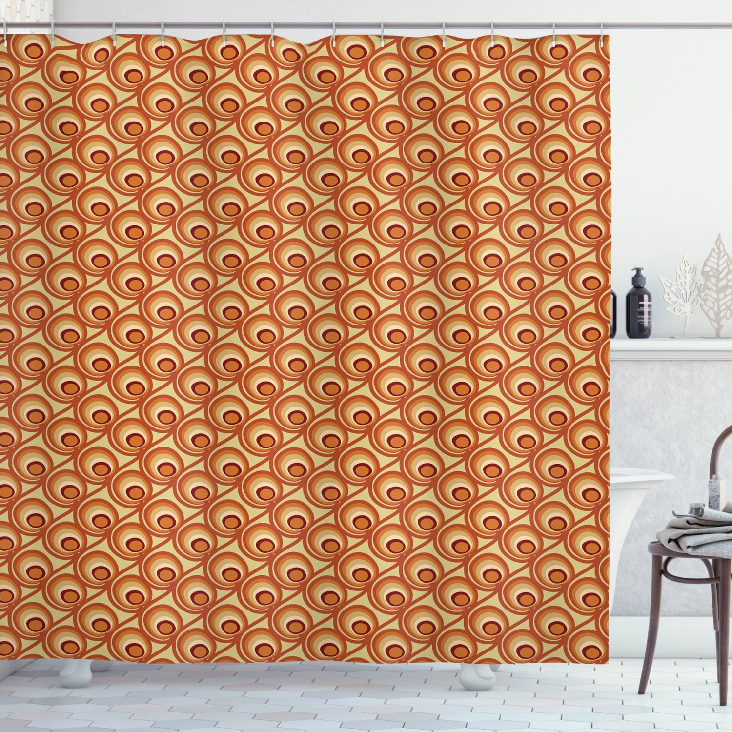 Ambesonne Burnt Orange Shower Curtain, Retro Doodle Circles, 69"Wx75"L
