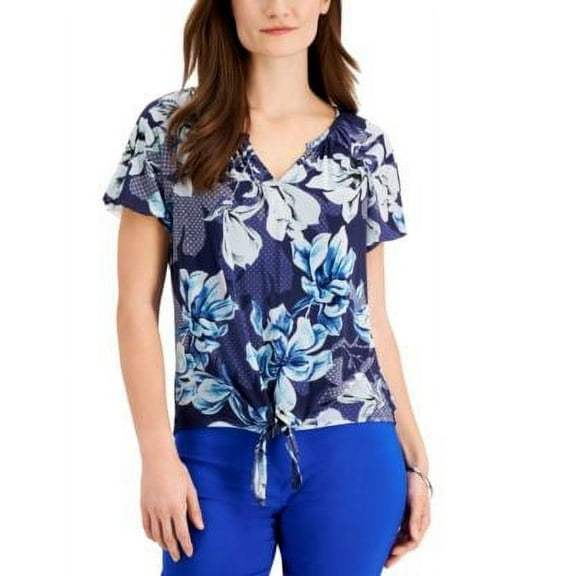 MSRP $55 Jm Collection Printed Tie-Front Top Blue Size Medium