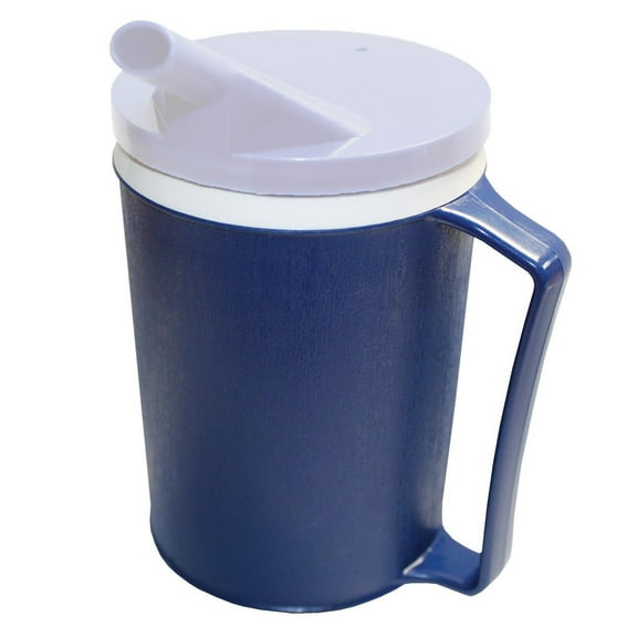 Rehabilitation Advantage Insulated Blue Mug with White Snorkel Lid – 12 oz Non-Weighted Cup, Easy-Grip Handle, Spill-Resistant, Durable Plastic, Hot & Cold Drinking Aid for Limited Hand Strength