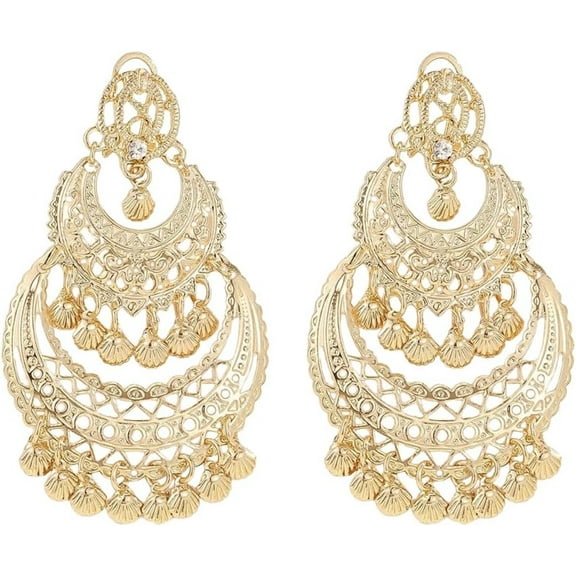 Boho Seashell Tassel Statement Dangle Indian Earrings for Women Wedding Party Trendy Gold Plated Vintage Crystal Chandelier Drop Dangling Earring Bollywood Jewelry for Jhumka Festival Lightweight