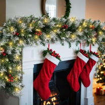 Fohil Christmas Garland with Lights Battery Operated, 8.8 FT 60 LED Christmas Garland Decoration with Red Berries, Artificial Xmas Garland Decorations Indoor Outdoor Garden Home Holiday