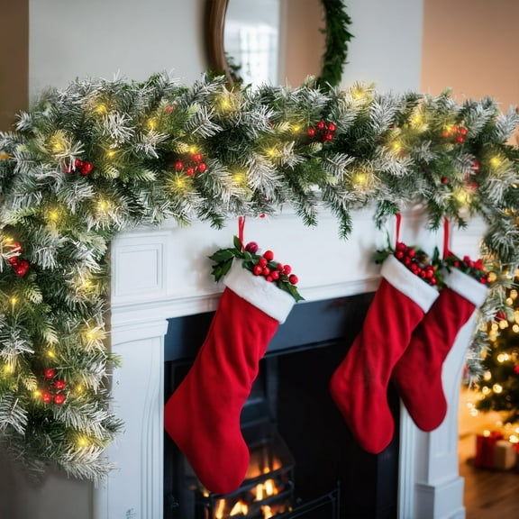 Fohil Christmas Garland with Lights Battery Operated, 8.8 FT 60 LED Christmas Garland Decoration with Red Berries, Artificial Xmas Garland Decorations Indoor Outdoor Garden Home Holiday