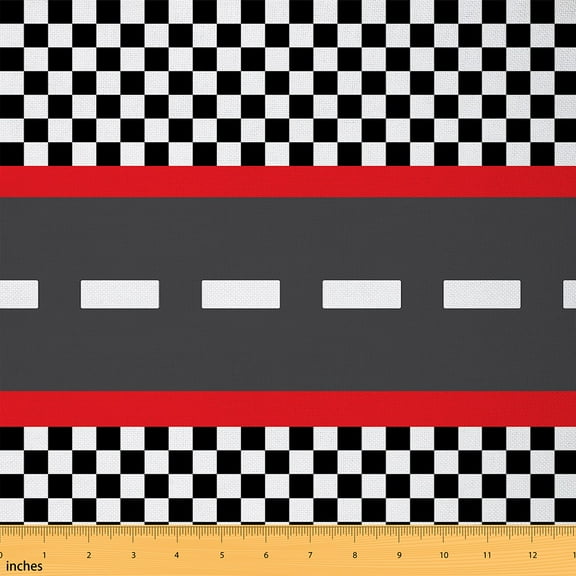 Homewish Race Car Fabric by the Yard 1 Yard,Racing Track Home Decor Fabric by the Yard,Geometric Plaid Striped Sewing Fabric For Boys Kids,Ultra Soft Home Decor
